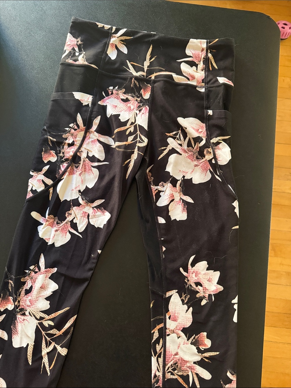 Athleta Black Floral Leggings with White & Pink Accents